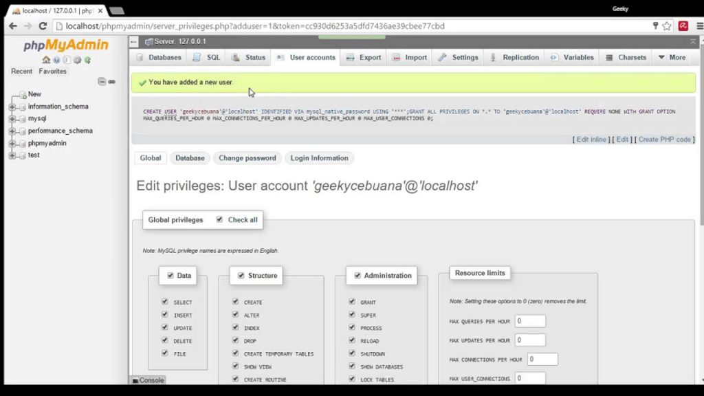 wamp phpmyadmin set up main user account